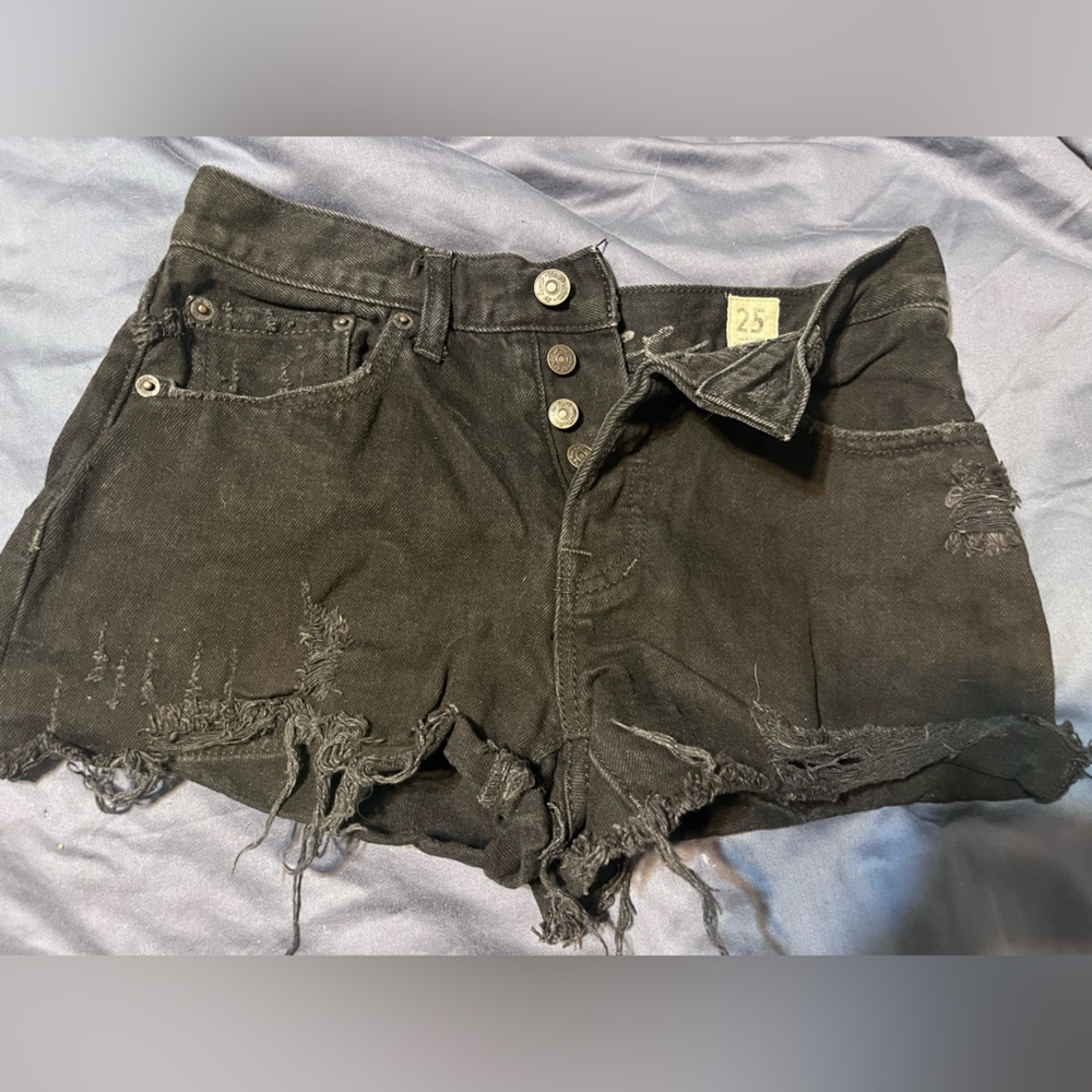 Distressed Black Denim Short Shorts Mini Free People Size 25 High/ Mid - rise